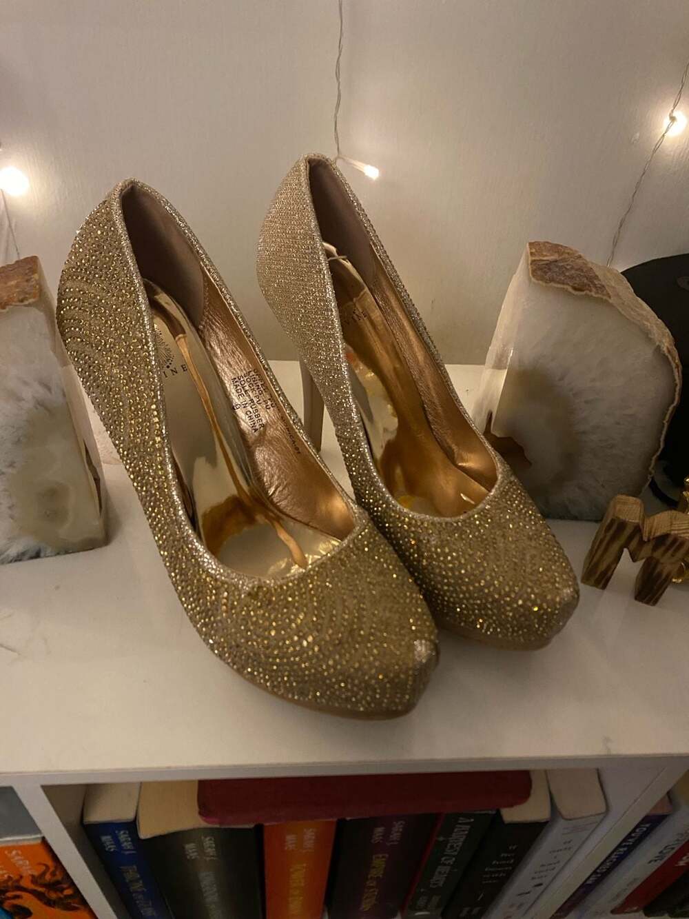 Divine Monica Rhinestone Embellished Women's Platform Stiletto Pumps in Gold